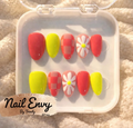 Neon Daisy Press On Nails – Pink & Yellow Floral, Handmade