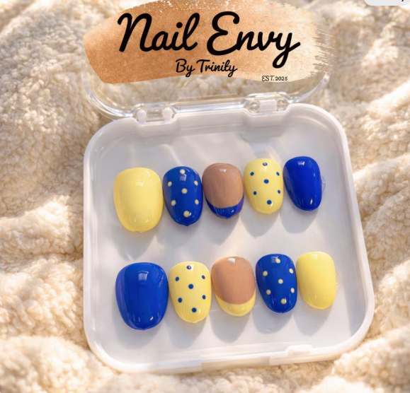 Handmade Polka Dot Press On Nails | Blue & Yellow Accent