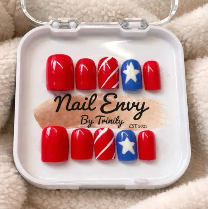 Stars & Stripes Press-On Nails | Handmade Reusable 4th of July Patriotic Nails in Red, White & Blue