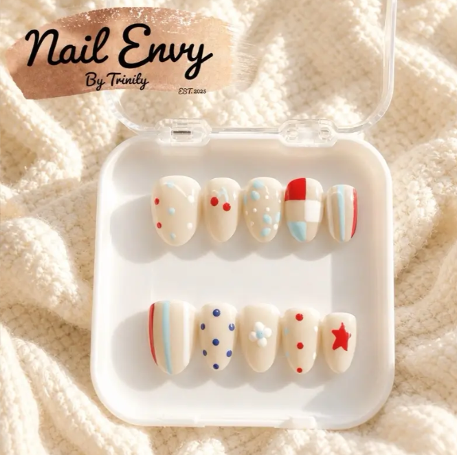 Stars & Stripes Press-On Nails | Handmade Reusable 4th of July Patriotic Nails in Red, White & Blue